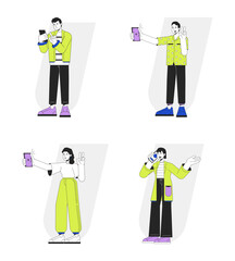 Poster - people using mobile devices flat line vector spot illustration set. millennials taking selfie, call 