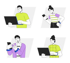Poster - using electronic gadgets flat line vector spot illustration set. people with laptops, mobile phones 