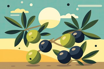 Wall Mural - Olive Branch with Sun in Background - A Vibrant Nature Painting Generative AI