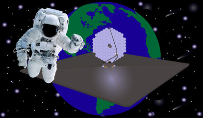 Wall Mural - space astronaut in new space suit in a front of new ultraviolet luvoir multiobject space telescope c