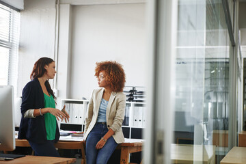 Poster - Lets go over the details. two young female designers discussing work in the office.