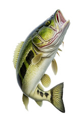  an isolated single Largemouth Bass swimming, freshwater sportfishing, bass lures, bait, fishing-themed, photorealistic illustrations on a transparent background cutout in PNG. Generative AI