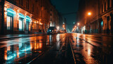 Fototapeta Londyn - Bright city lights illuminate the wet streets generated by AI