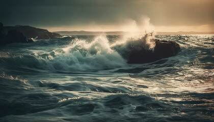 Sticker - Breaking waves crash against dramatic cliff coastline generated by AI