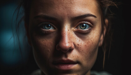 Naklejka na meble Confident young woman stares into nature blue generated by AI