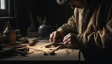 Fototapeta  - One carpenter hand carving a wooden plank generated by AI