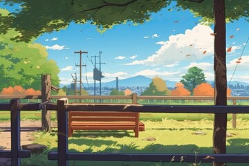 Wall Mural - serene wooden bench surrounded by lush greenery in a park Generative AI