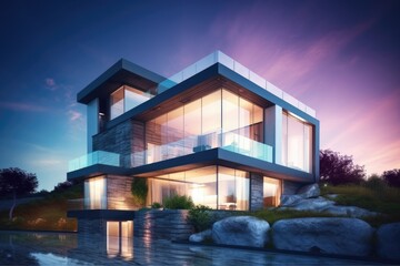 Wall Mural - contemporary house with warm lighting during sunset generative ai