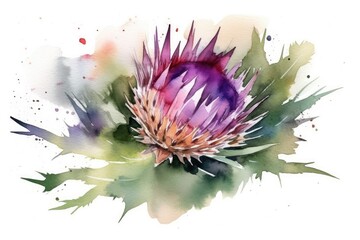 Wall Mural - beautiful thistle flower in watercolor technique Generative AI