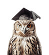 portrait of a wise graduate eagle owl wearing a graduation hat looking straight into the camera over a transparent background, isolated school, education or wisdom design element, generative AI
