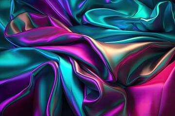 Abstract neon smooth silk background. Satin luxury fabric. Beautiful soft folds. Generative AI