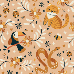 Wall Mural - vector seamless pattern with cute animal and botanical elements. hand drawn illustration with cartoo