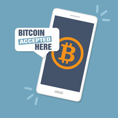 Poster - Utilizzo dello smartphone per il pagamento NFC al ristorante caffetteria, tecnologia senza contanti, senza contatto e concetto di trasferimento di denaro. Design vettoriale BITCOIN