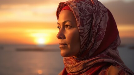 Wall Mural - Serious mature Arab muslim woman wearing a hijab posing in a northern african city. Generative ai