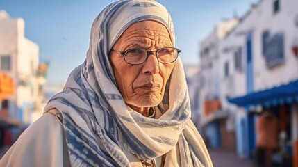 Serious Old Arab muslim woman wearing a hijab posing in a northern african city. Generative ai