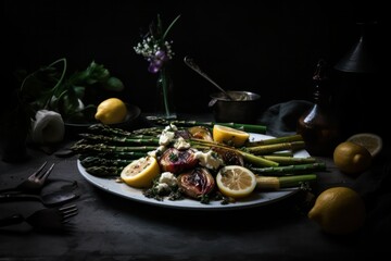 Wall Mural - plate of asparagus grilled with vegetables on a dark background .rustic style. Generative AI