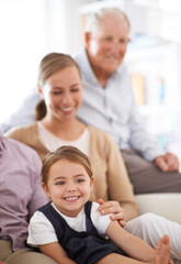 Poster - Were just one big happy family. Portrait of a smiling family sitting on the sofa at home.