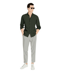 Wall Mural - Stylish guy in fashionable and modern clothes on a white background. Vector illustration in flat style