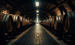 Production of wine or strong alcohol drinks. A huge cellar with rows of wooden barrels with beverages. Generative Ai.