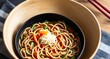 Black Bowl with Noodles and Vegetables Tags: black bowl, noodles, vegetables, asian, japanese, stir-fry, food, cuisine,  - asian noodle pot with chopstic - created with Generative AI