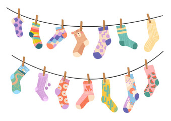 Drying socks concept. Collection of elements of clothes on rope. Cleanliness and hygiene, laundry. Household chores and routine. Cartoon flat vector illustrations isolated on white background