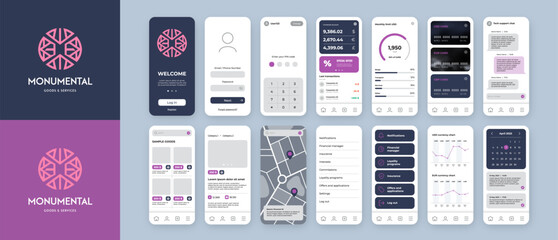 Fototapete - UI UX mobile app design template with pink logo and violet background. Include main screen, login, menu, credit cards, chat, charts, shop, calendar and map.