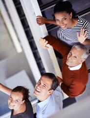 Poster - Well be happy to help you. a group of colleagues standing on a staircase.