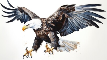 Wall Mural - an isolated Bald Eagle in flight, majestic American symbol, Landing, Wildlife-themed, photorealistic illustration on a transparent background cutout in JPG. generative ai