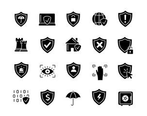 Poster - Defense black icons set. Internet security and safety, shield with check mark on computer screen. Hack prevention and antivirus. Cartoon flat vector illustrations isolated on white background