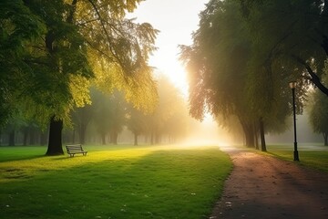 Wall Mural - Beautiful public park with green grass field on morning light Created with Generative AI technology.