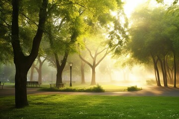 Wall Mural - Beautiful public park with green grass field on morning light Created with Generative AI technology.