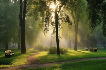 Wall Mural - Beautiful public park with green grass field on morning light Created with Generative AI technology.