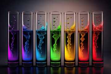 Row of isolated laboratory test tubes with colorful liquid and bubbles, generative ai science testing illustration