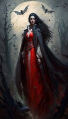 A vampire character standing in front of a full moon in a dark forest, Generative AI