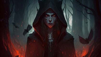 A vampire character in the center of a dark forest, Generative AI