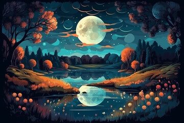 Night landscape environment harvest moon over a glittering lake lush vegetation birchwood trees, flowers, magical galaxy. AI generative