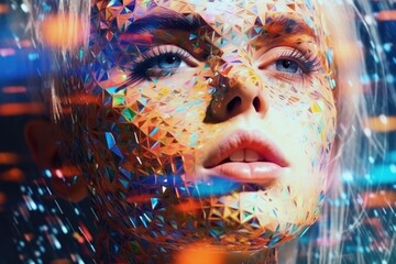 Close up of a beautiful cyberspace female face in a chaotic surreal style created with generative AI technology.