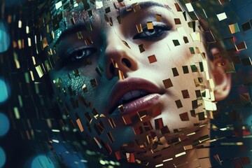 Close up of a beautiful cyberspace female face in a chaotic surreal style created with generative AI technology.