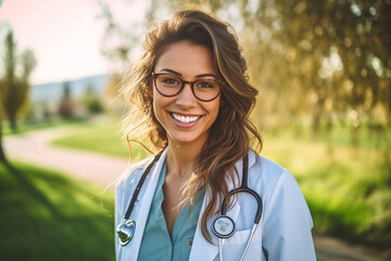 young adult smiling medical doctor outdoor at spring or summer temperatures, studying at university or leisure time or break. Generative AI