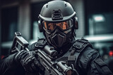 Fototapeta  - Police special operations fighters dark uniform, helmet with ballistic goggles, armed assault rifle breaking in, drama lights dramatic fictional scene. Generative AI