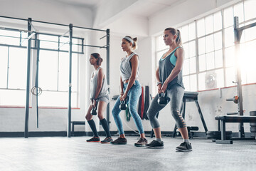 Poster - this exercise is working in all the right places. three women working out with weights at the gym.