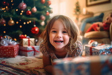 Happy Child Looking At In The Background Decorated Christmas Tree Christmas Gifts Festive Indoor Big Living Room With Christmas Gifts On The Floor . Generative AI