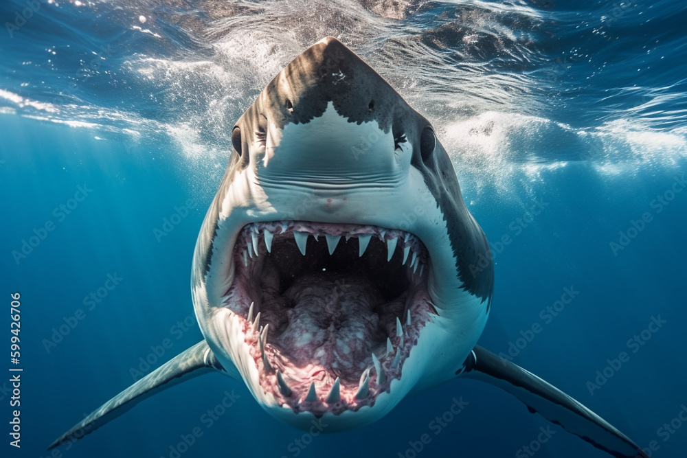 an adult great shark with a large mouth and many sharp teeth underwater ...