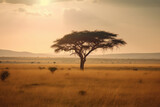 Fototapeta Sawanna - Majestic Acacia Tree with a View of a Rolling African Savannah, generative ai