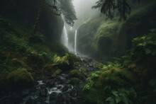 Majestic Waterfall Cascading Down A Mossy Cliff Amidst A Dense Fog-covered Forest, Generative Ai