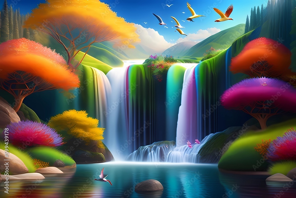 colorful landscape 3D mural. branches of many colors with flowers ...