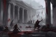 © Creative Division - Group of warriors engaged in a fierce battle on the steps of an ancient Greek temple, with columns and marble statues crumbling around them, Generative AI