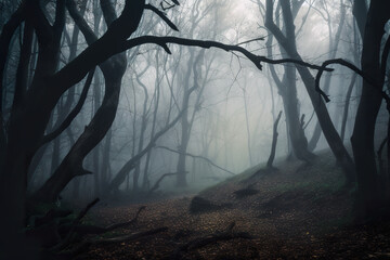 Wall Mural - A foggy forest filled with lots of trees. AI generative spooky natural Halloween background. Generative AI