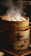 Steamed Dumpling Dim Sum In A Stacked Bamboo Steamer, Chinese Food