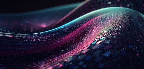 3d rendering of abstract digital particles wave flow with depth of field and bokeh lights
